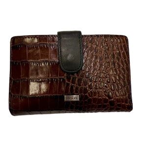 ROLFS Women’s Brown Leather Crocodile Embossed Wallet W/ Kiss Lock Coin Holder